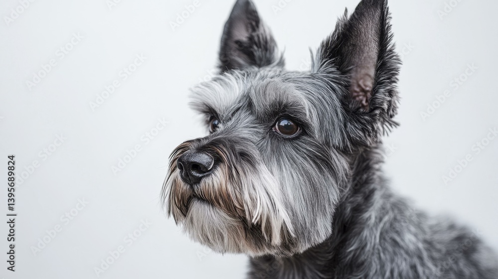 Alert Grey Schnauzer Dog Headshot with Beard Looking Left on White Background Alert Grey Schnauzer Dog Headshot with Beard Looking Left on White Background