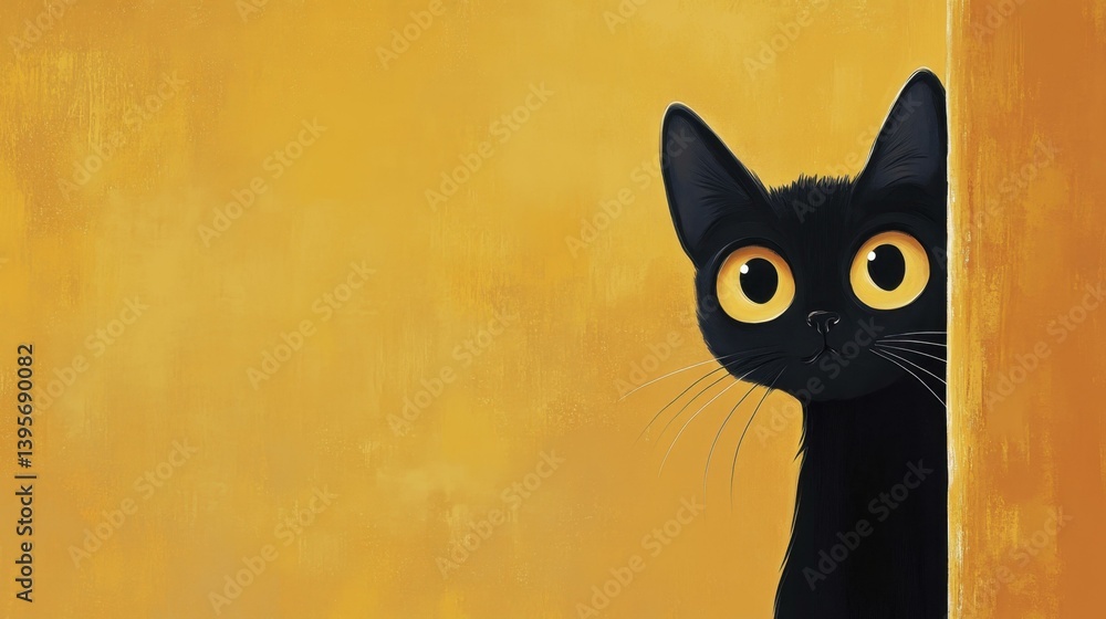 Cute Black Cat Peeking Around Corner with Curious Yellow Eyes on Yellow Background Cute Black Cat Peeking Around Corner with Curious Yellow Eyes on Yellow Background
