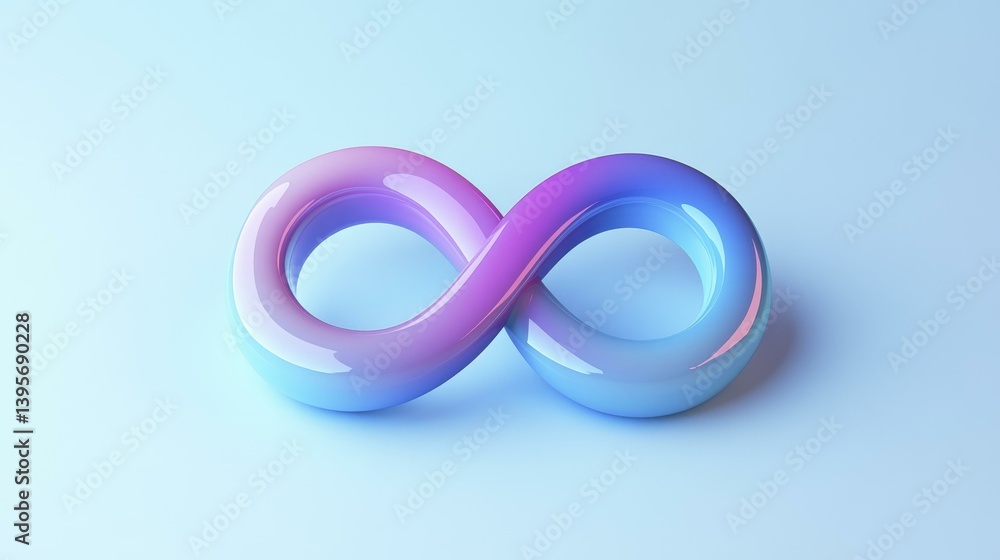 Glossy magenta cyan infinity symbol shape on light blue pastel gradient background Glossy magenta cyan infinity symbol shape on light blue pastel gradient background