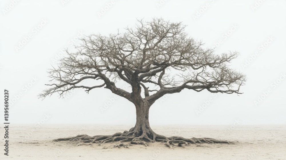 Dramatic Lone Bare Tree Gnarled Roots Desolate Misty Arid Plain Dramatic Lone Bare Tree Gnarled Roots Desolate Misty Arid Plain