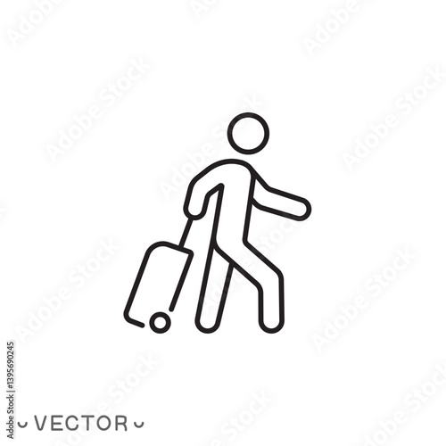 man holding suitcase icon, migration and tourist, passenger with rolling bag concept, thin line symbol isolated on white background, editable stroke eps 10 vector illustration