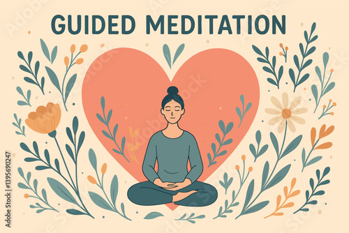 Guided meditation illustration with heart and floral elements for relaxation and mindfulness