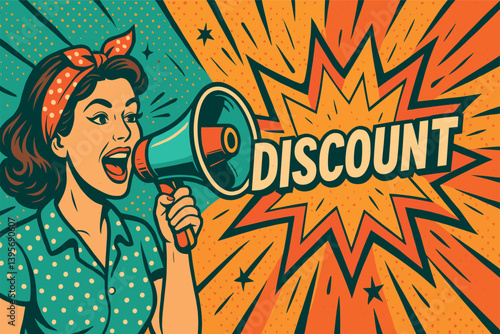 Retro pop art style woman announcing discount with megaphone for promotional design