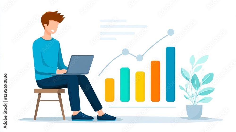 Man Reviewing Business Growth Chart - A man sits on a stool using a laptop, reviewing a colorful upward trending bar chart illustrating business growth Man Reviewing Business Growth Chart - A man sits on a stool using a laptop, reviewing a colorful upward trending bar chart illustrating business growth