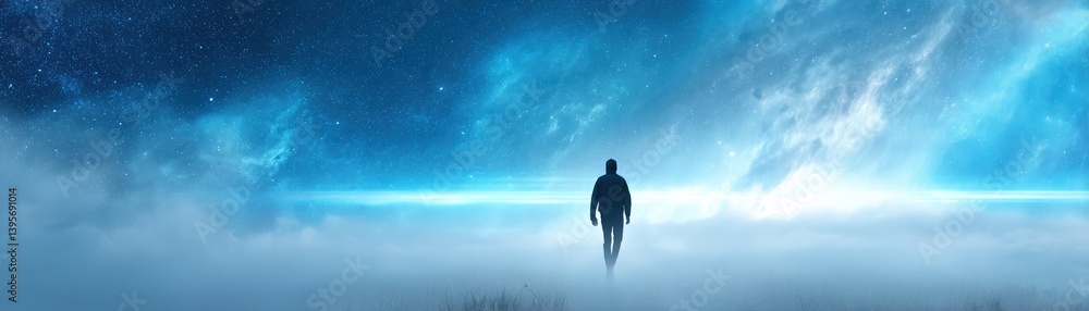 A silhouette of a figure walks through clouds under a vibrant cosmic sky filled with stars and a swirling galaxy. A silhouette of a figure walks through clouds under a vibrant cosmic sky filled with stars and a swirling galaxy.