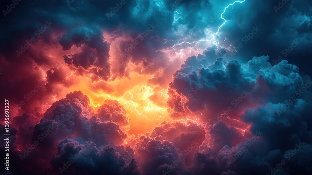Fiery storm clouds, lightning, intense sky, dramatic weather, nature background Fiery storm clouds, lightning, intense sky, dramatic weather, nature background