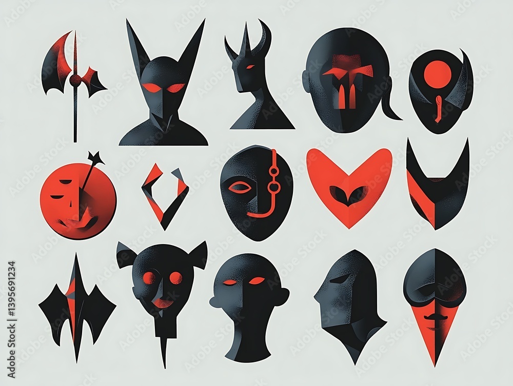 A collection of stylized, dark, and red symbolic figures.