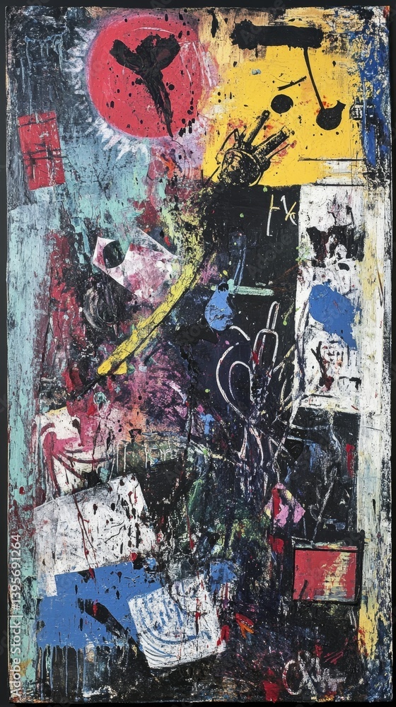 Obraz premium Abstract art with mixed media elements featuring red yellow blue and black colors.