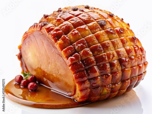 Delicious Honey Glazed Ham Isolated on White Background - Stock Photo