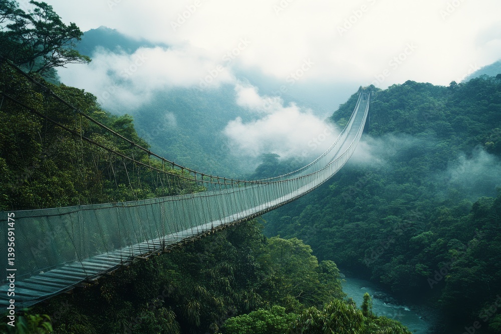 Obraz premium A suspension bridge stretches across a misty forest valley, capturing adventure and the connection between nature and human engineering.
