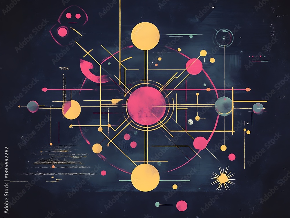 A vibrant, abstract design featuring interconnected circles and lines.