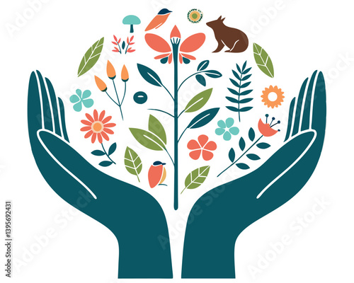 Gentle hands holding colorful stylized flowers, leaves, and a butterfly.