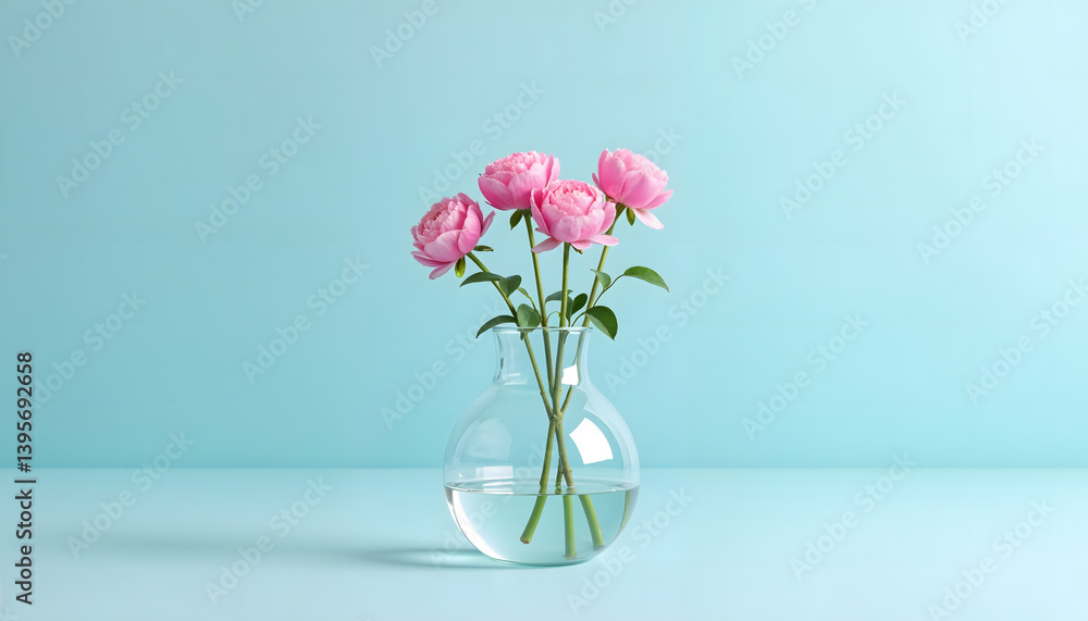 Obraz premium Glass Vase with Pink Peonies Against Pastel Blue Wall