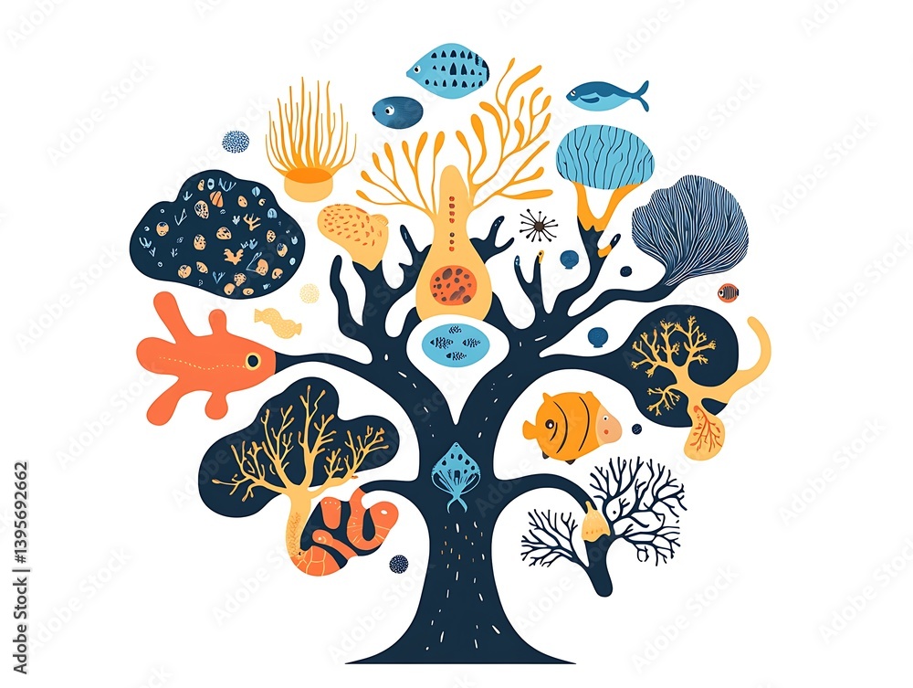 A vibrant underwater tree of coral and fish.