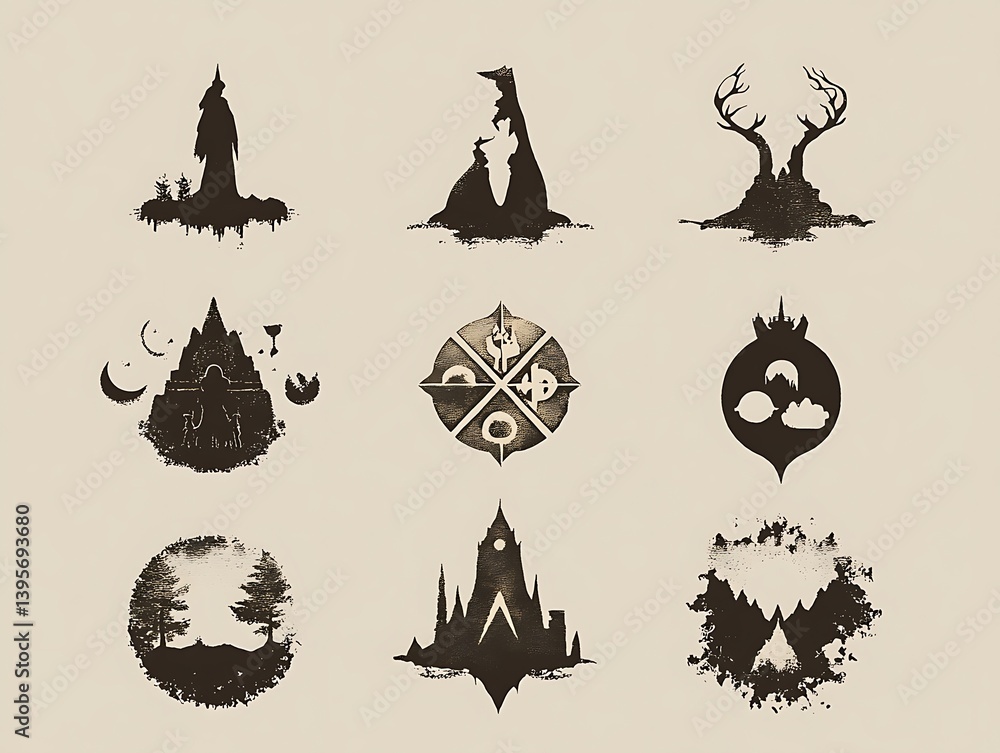 Nine stylized, textured emblems of fantastical locations.