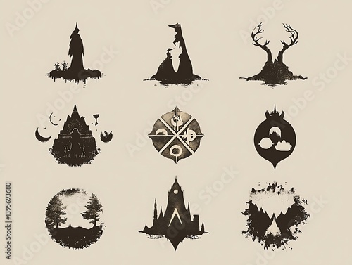 Obraz na płótnie Nine stylized, textured emblems of fantastical locations. w salonie