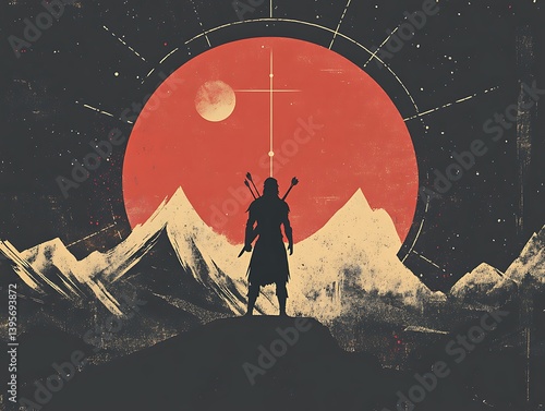 Obraz na płótnie A lone figure stands vigilant on a snow-capped mountain range under a crimson sun. w salonie