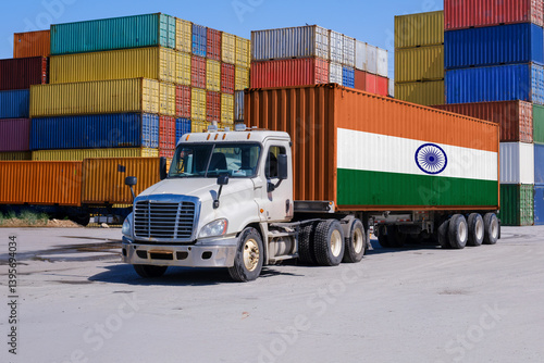 An India-marked shipping container on a truck - Montage