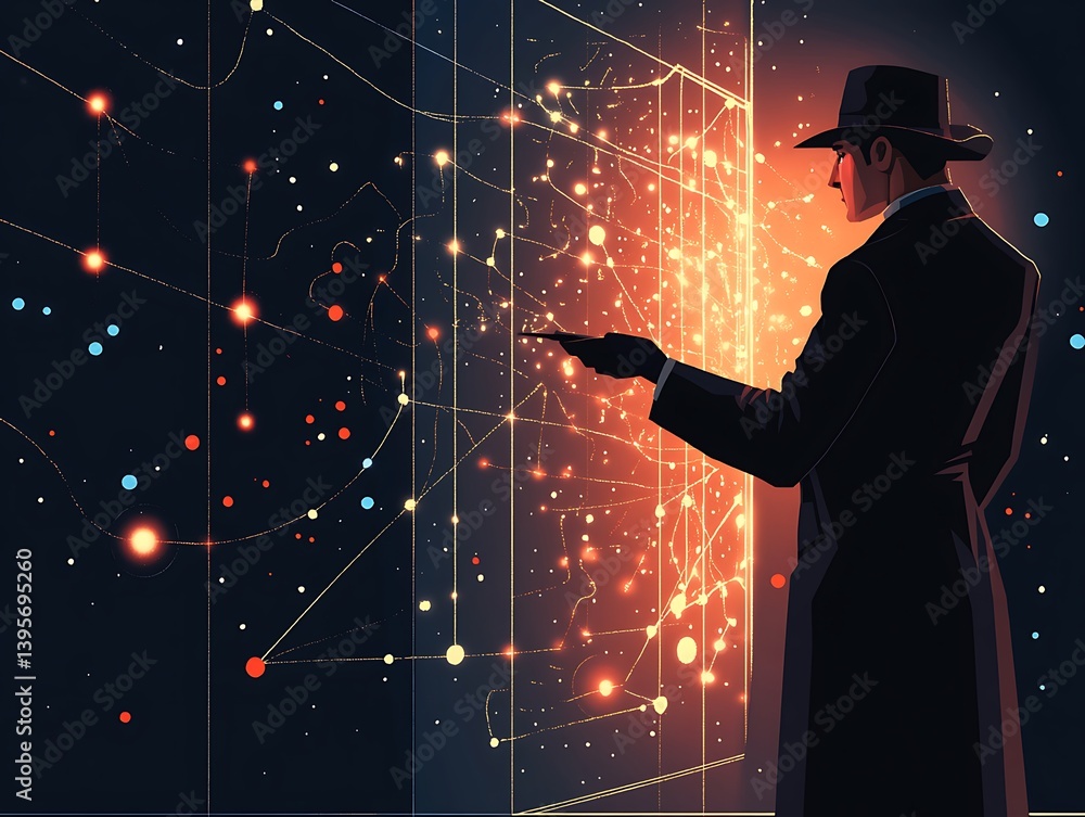 A man in a black suit interacts with a luminous network of data and constellations.