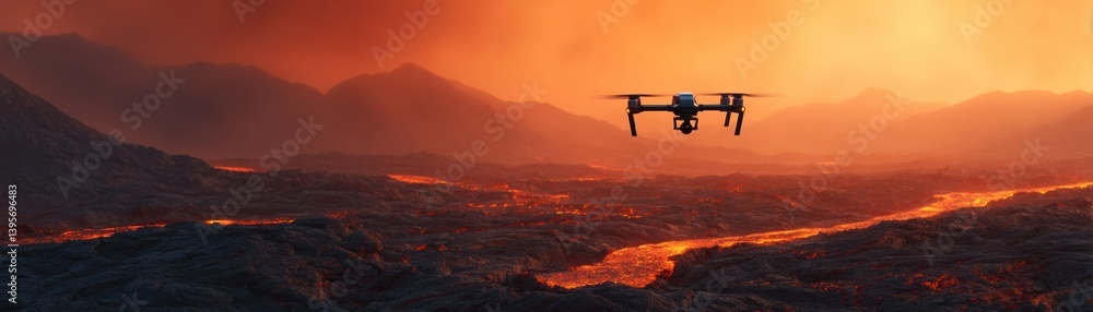 A drone hovers above a volcanic landscape, capturing the dramatic scene of flowing lava and smoky mountains against a fiery sky. A drone hovers above a volcanic landscape, capturing the dramatic scene of flowing lava and smoky mountains against a fiery sky.