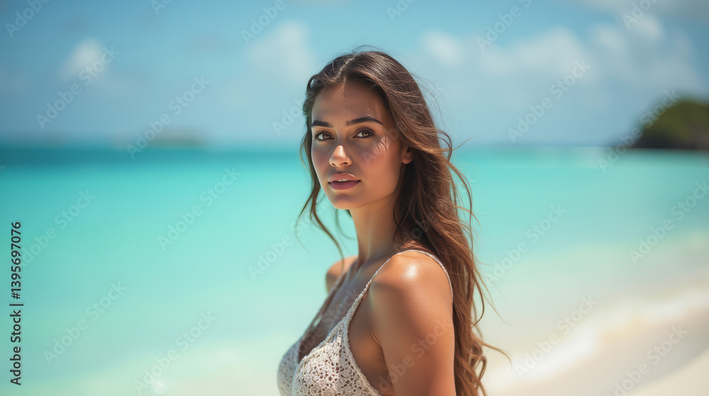 Portrait of a Middle Eastern Woman in a Chic Minimalist Swimsuit, Her Demeanor Calm and Relaxed - Fijian Escape Portrait of a Middle Eastern Woman in a Chic Minimalist Swimsuit, Her Demeanor Calm and Relaxed - Fijian Escape