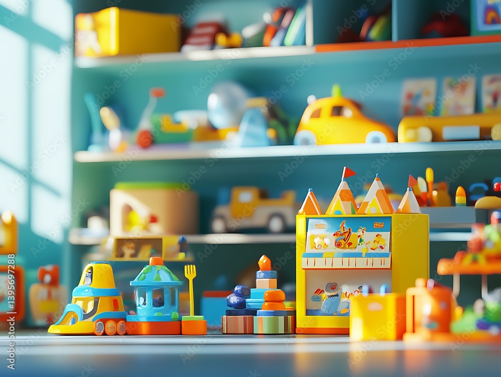 A brightly colored playroom filled with various toys for young children.