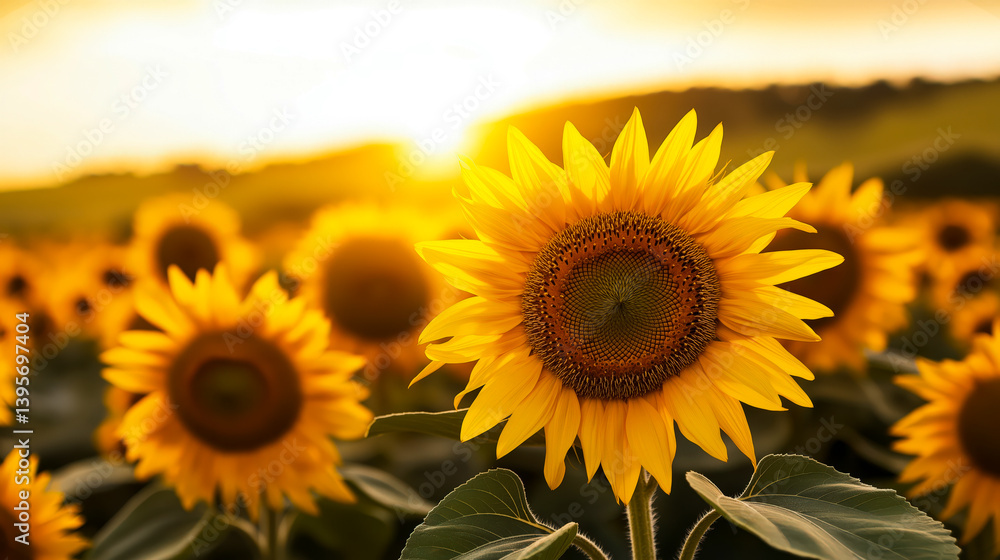 Fototapeta premium Beautiful sunflower field glowing in the golden light of sunset, creating a warm and serene summer scene