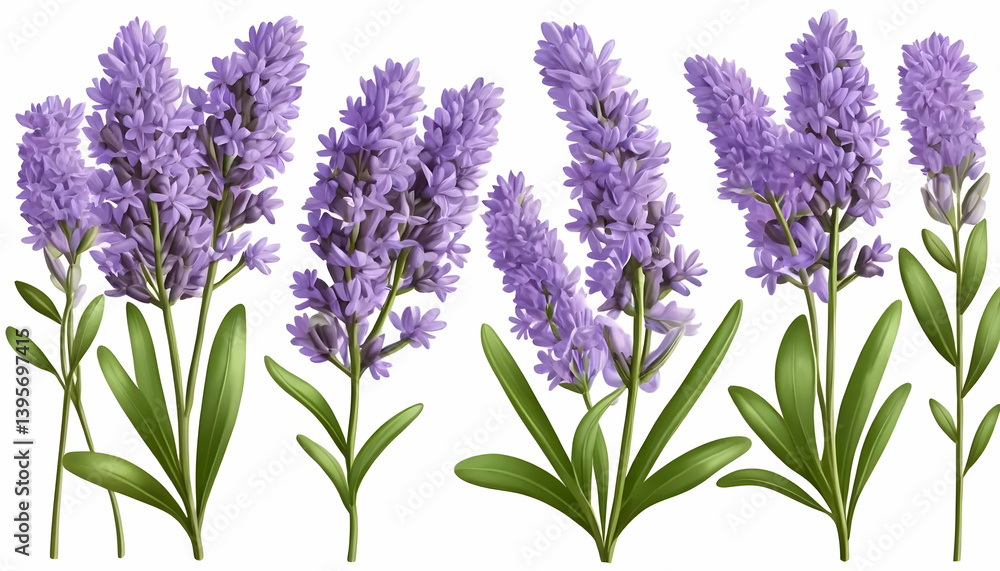 Fototapeta premium Purple lavender Illustration features a set of lavender stalks with green leaves, set against a white background.