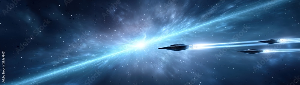 A dynamic space scene featuring futuristic spacecraft traveling through a vibrant blue and black cosmic environment. A dynamic space scene featuring futuristic spacecraft traveling through a vibrant blue and black cosmic environment.