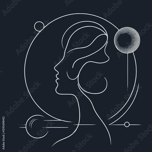 Elegant line art portrait of a woman in profile with celestial elements, minimalist style on a dark background, representing beauty and cosmic connection with copy space