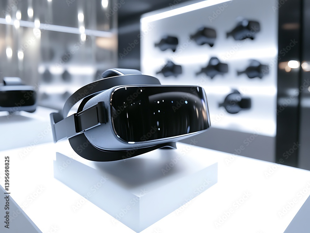 A sleek virtual reality headset displayed on a modern pedestal.