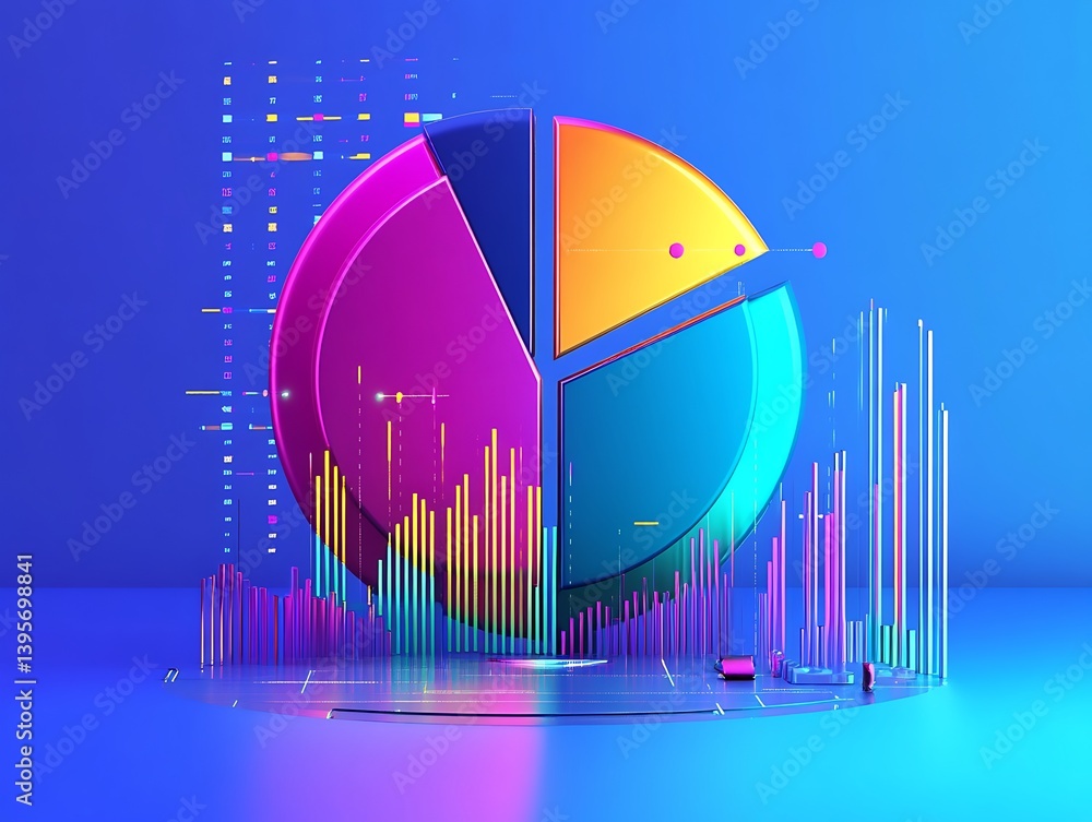 A vibrant, 3d pie chart graphic with accompanying data visualization elements.