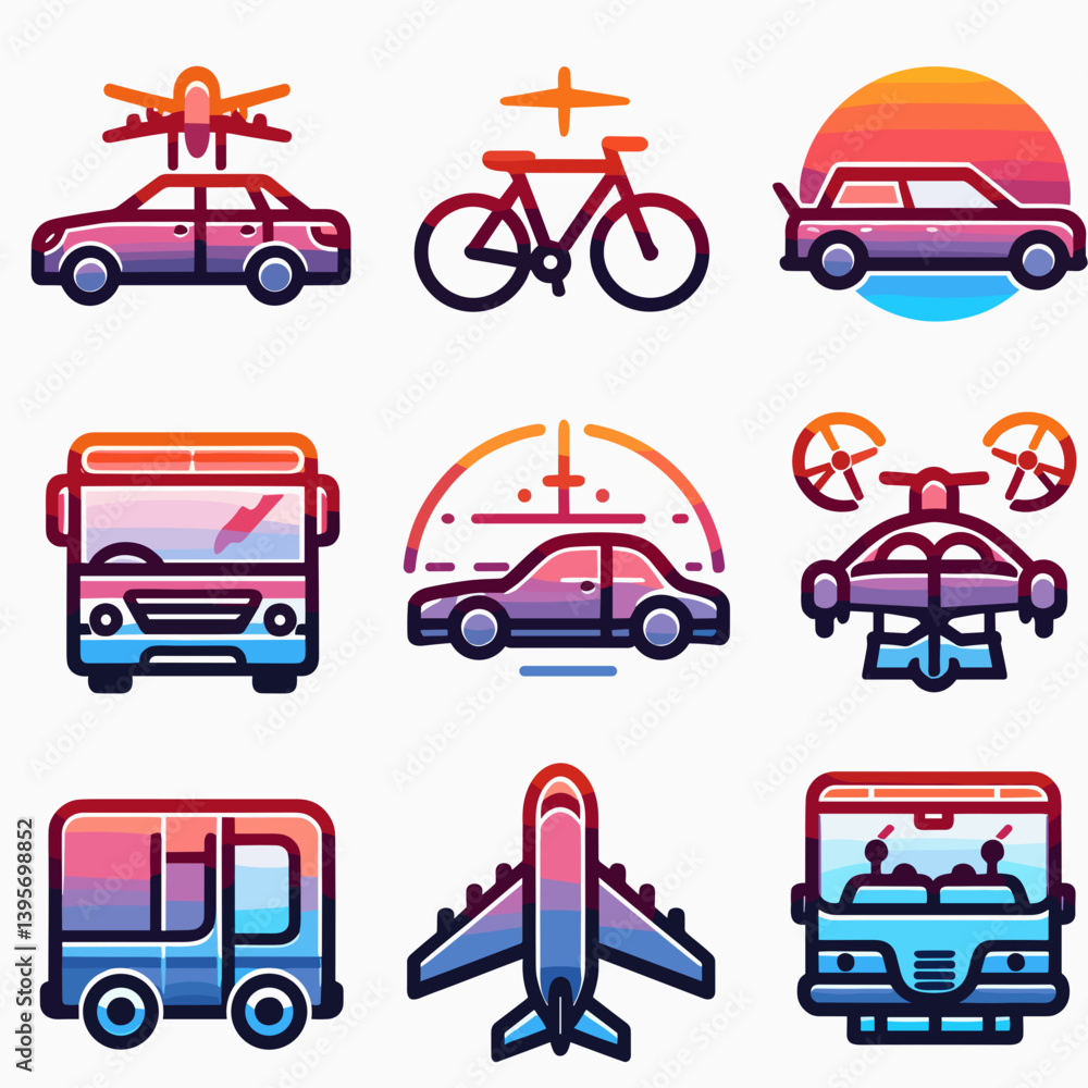 Naklejka premium Colorful transportation icons featuring various vehicles in a grid layout, modern style representing mobility and travel with copy space