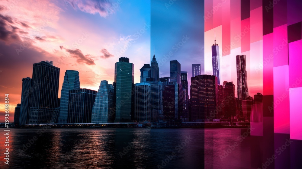 Fototapeta premium NYC skyline sunset, vibrant abstract overlay, travel brochure