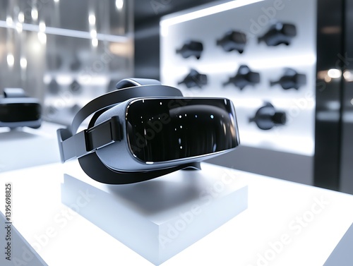 A sleek virtual reality headset displayed on a modern pedestal.