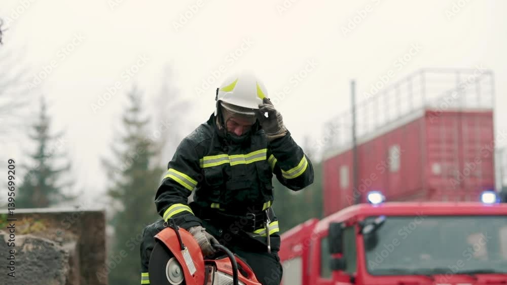 Firefighter with professional rescue tool in hand, wearing full gear, ready for emergency response. Close-up and action shots show determination and focus during life-saving mission. Firefighter with professional rescue tool in hand, wearing full gear, ready for emergency response. Close-up and action shots show determination and focus during life-saving mission.