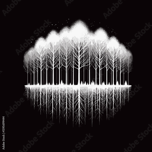 Abstract winter forest illustration in white on a black background, representing nature and tranquility with copy space