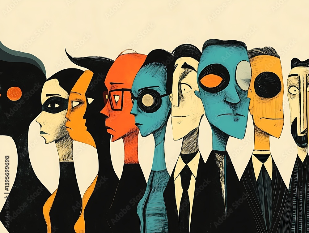 A stylized illustration of individuals in profile view, each with unique facial expressions and attire.
