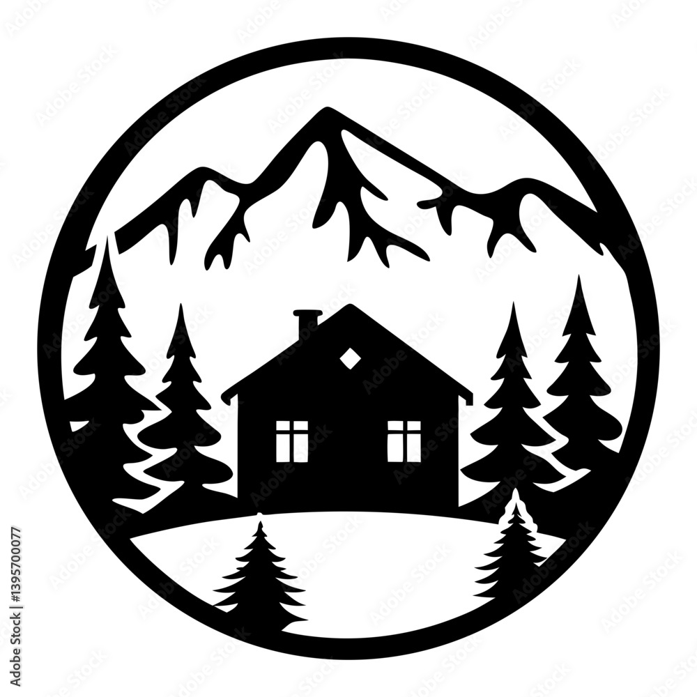 Obraz premium Mountain Cabin Scene in a Circular Frame Black and White Illustration