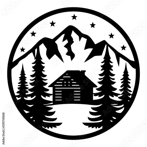 Mountain Cabin Scene with Starry Night Peaceful Nature Escape Cozy Winter Lodge Artwork