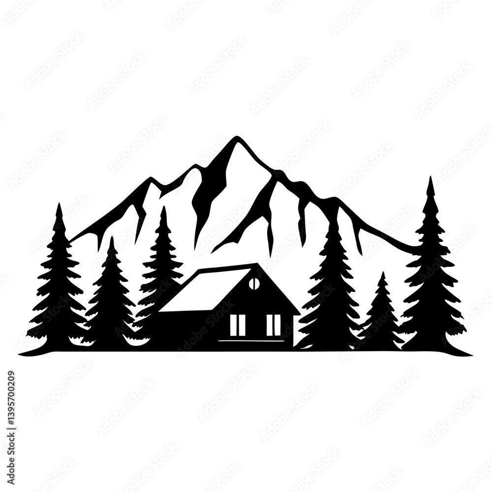 Obraz premium Mountain Cabin in a Snowy Alpine Forest Landscape Illustration