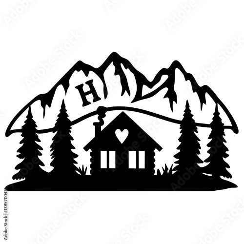 Mountain Cabin Home Sweet Home Silhouette Design with Letter H