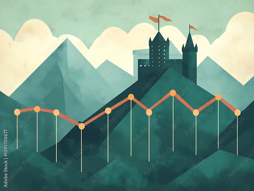 A rising graph of progress, marked by a medieval castle on a mountain peak.