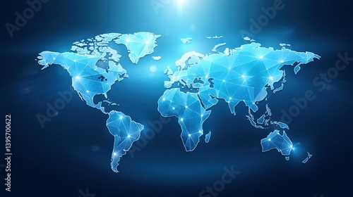 A digital world map with a blue network design, symbolizing global connectivity and technology.