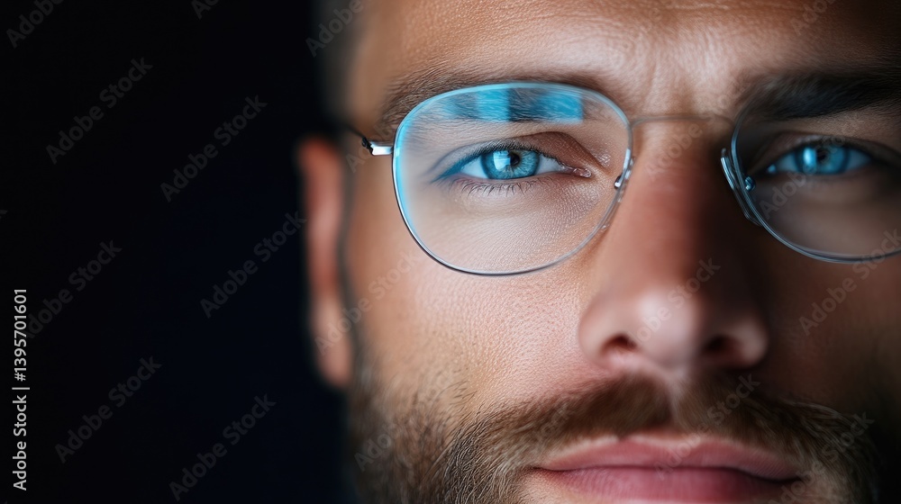 Close-up of a man with glasses and blue eyes Close-up of a man with glasses and blue eyes