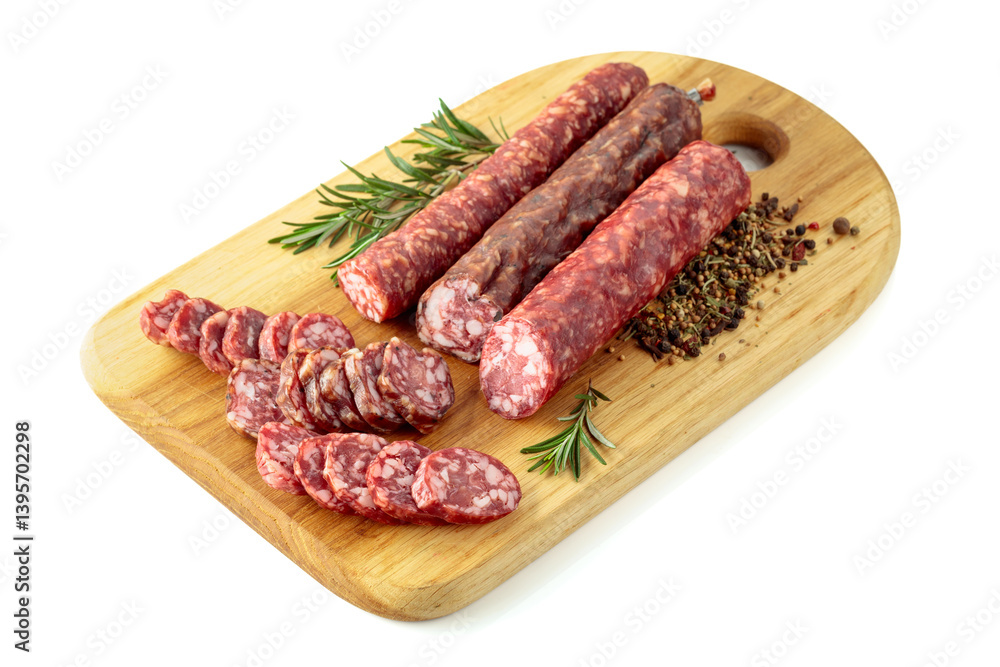 Sausages with rosemary and spices isolated on a white background. Sausages with rosemary and spices isolated on a white background.