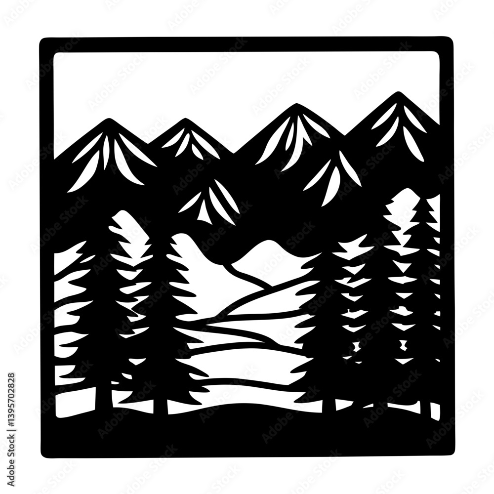 Majestic Mountain Landscape with Evergreen Trees Framed in Black and White Majestic Mountain Landscape with Evergreen Trees Framed in Black and White