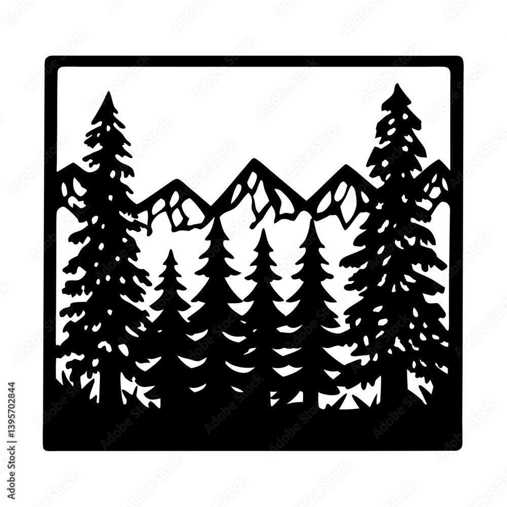 Obraz premium Majestic Mountain Range with Silhouetted Evergreen Trees Framed in a Square