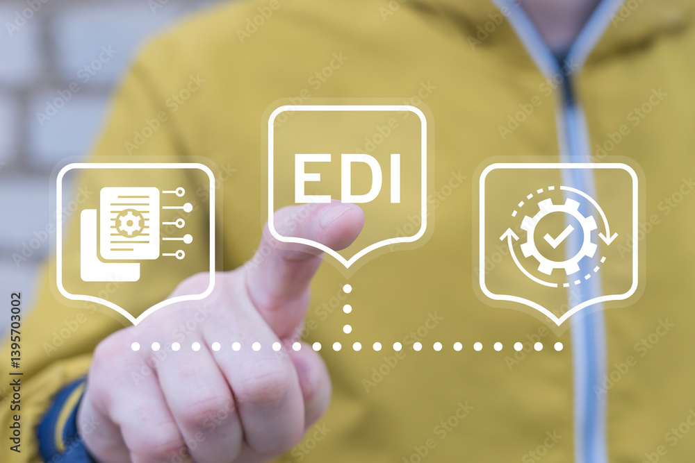 EDI Electronic Data Interchange Information Technology Concept. Person using virtual touch screen push acronym: EDI. Document management system to exchange information documents.