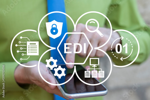Business person using smartphone and virtual touch screen sees abbreviation: EDI. EDI or Electronic Data Interchange Information Technology Concept.
